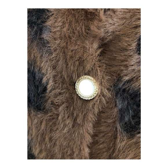 Brown black spotted fuzzy furry gold trim pearlized button cardigan sweater - Picture 3 of 11